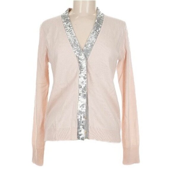 J. Crew Blush Merino Wool Cardigan With Silver Sequin Trim Size M - Picture 11 of 11